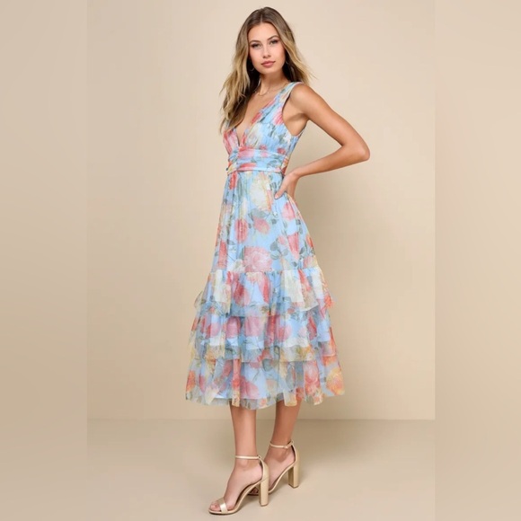 NEW NWT Lulu’s Perfectly Divine Blue Floral Tulle Tiered Ruffled Midi Dress - Picture 1 of 11